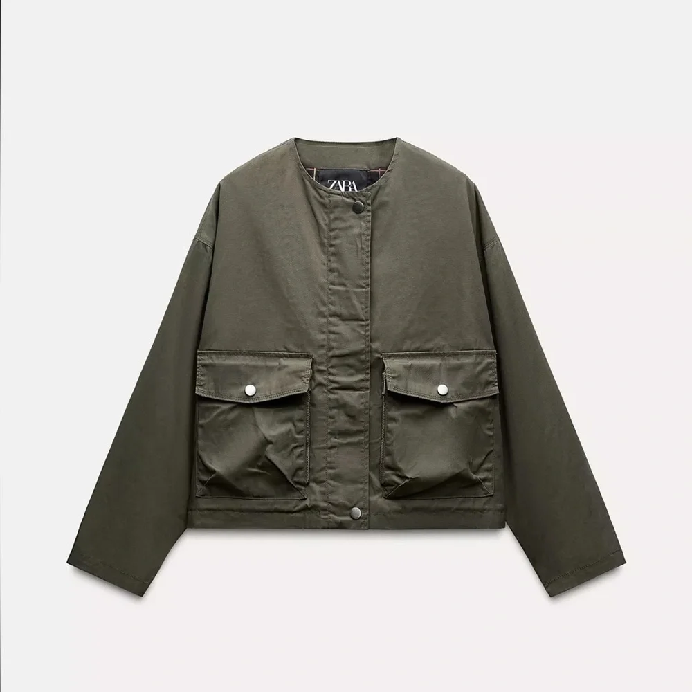 Zara Khaki Green Contrast Cuffs Jacket Sz M NWOT - Picture 1 of 12